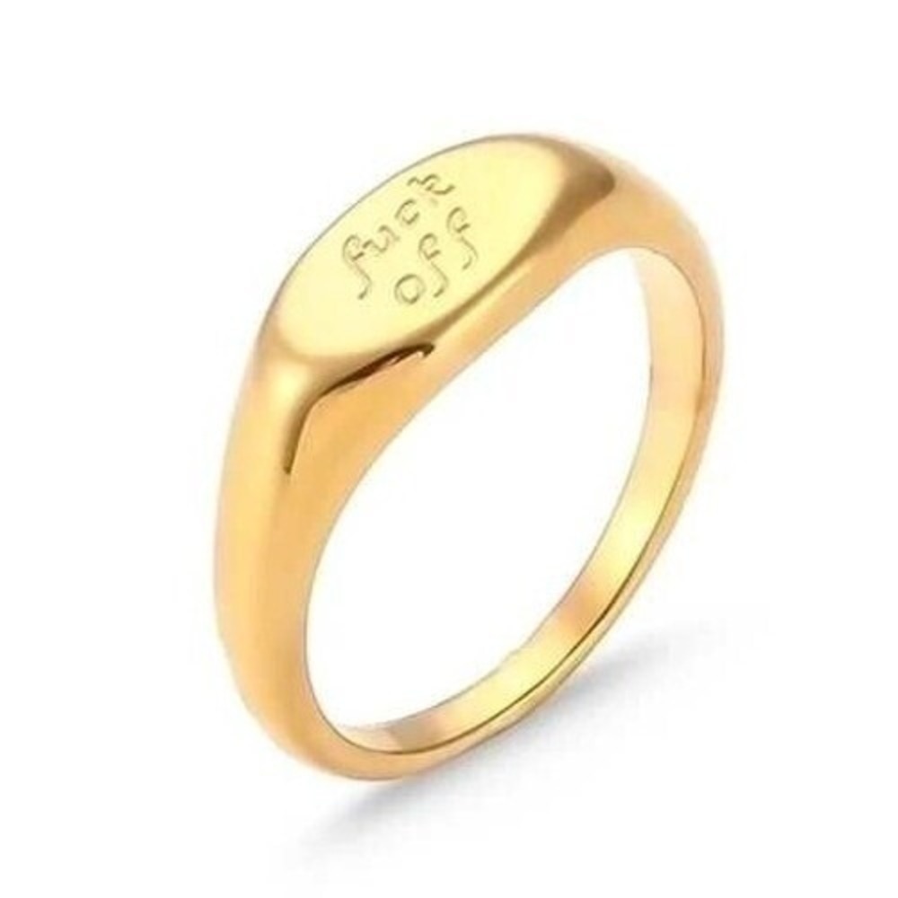 Signet Ring Funny "F#@!‎ Off" Stainless Steel Statement Ring Gold Tone Size 6